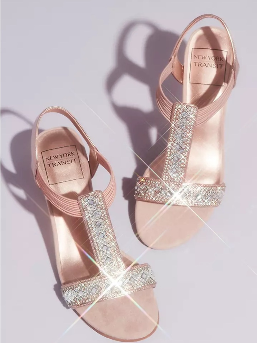 New York Transit Rose Gold T-Strap Rhinestone Slingback Sandals